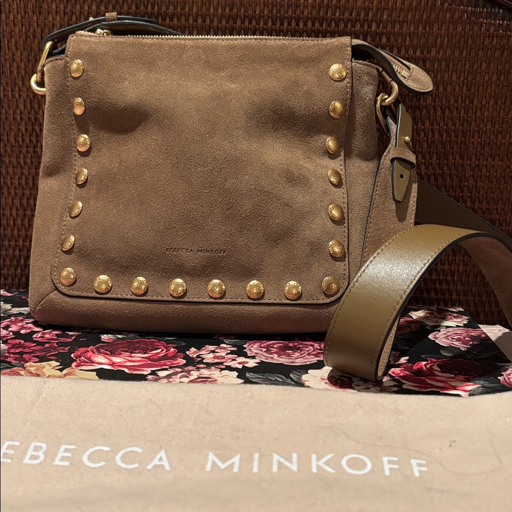 Rebecca Minkoff Tan Suede Crossbody Bag with Gold Studs - Picture 2 of 5